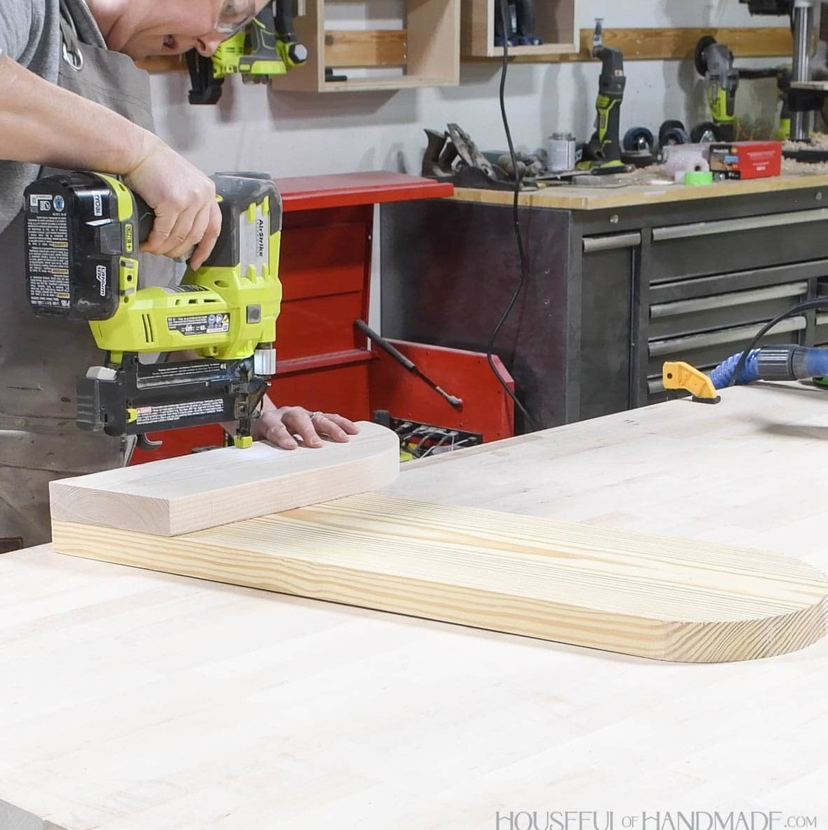 Attaching the foot to the side with a brad nailer.