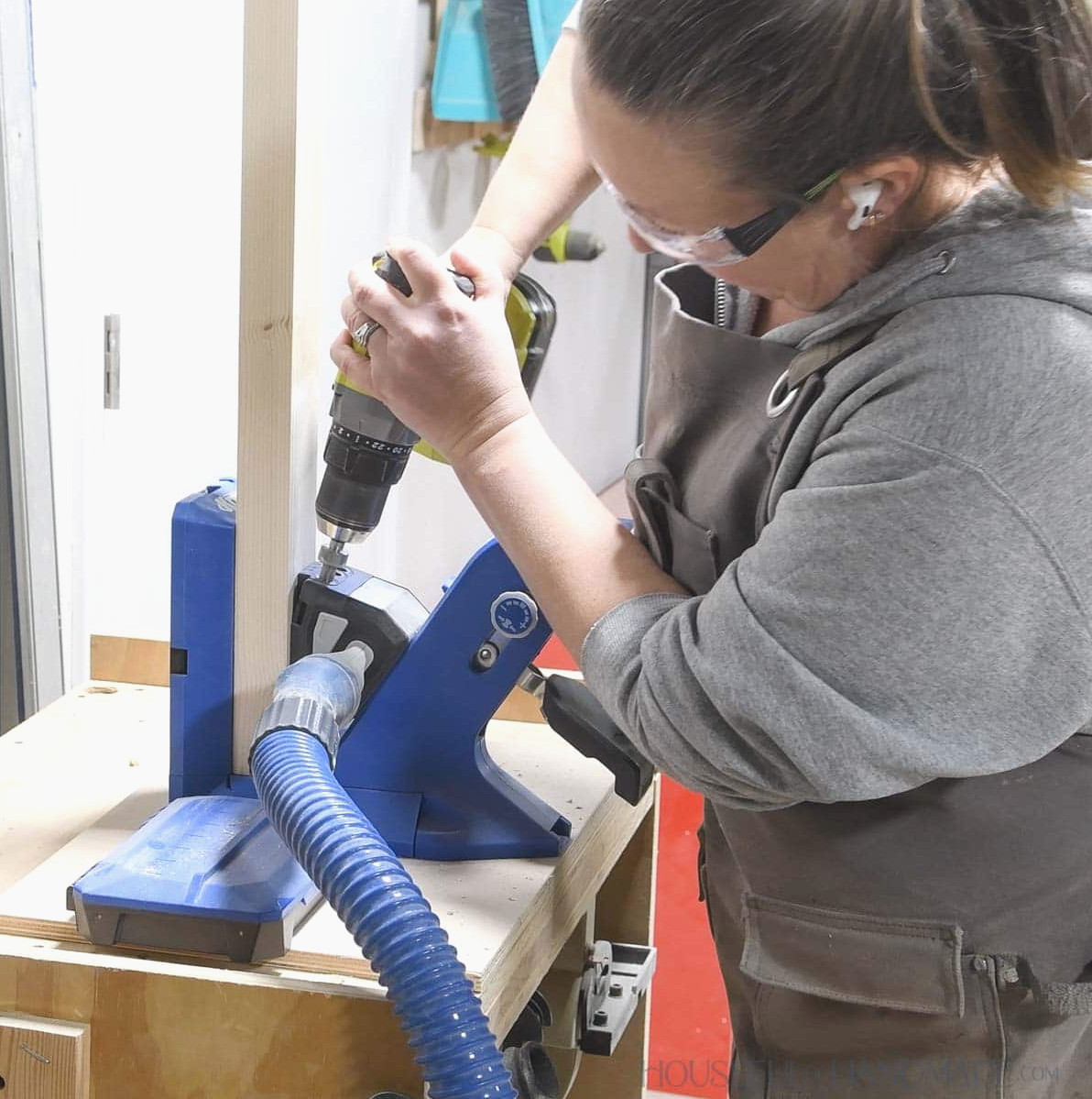 Making pocket holes with a Kreg jig.