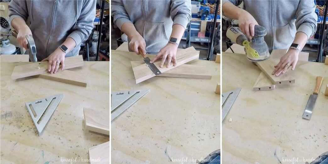 Three pictures showing glueing in the dowel to fill the hole for the screws, flush cutting the excess off, and sanding it smooth on the bench legs. 