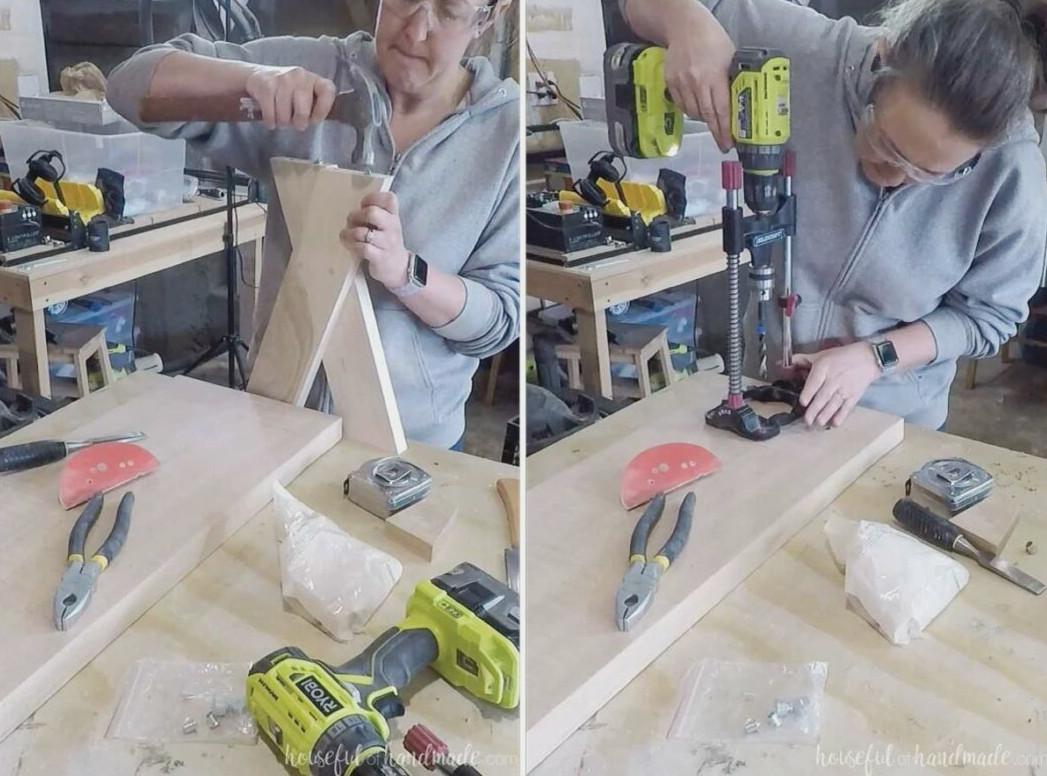 Two pictures showing tapping in dowel centering points to line up the location of the legs on the bench top and drilling the holes in the bottom of the bench top.