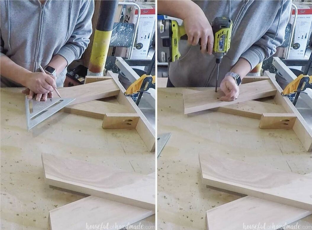 Two pictures showing marking the placement for the screws on the other side of the X-legs and driving in the screws in holes. 