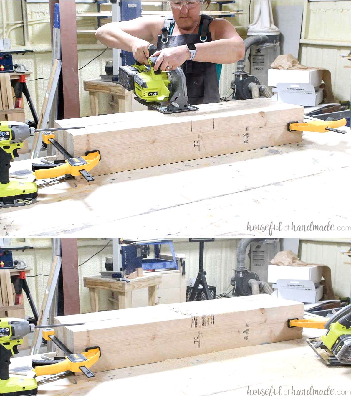 Making multiple cuts in the pergola rafter stack with a circular saw to form a notch.