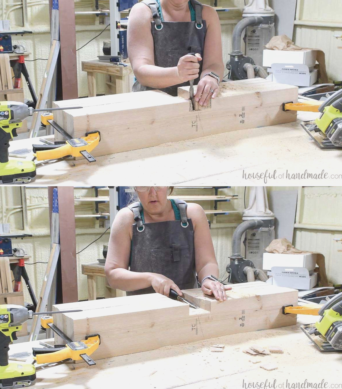 Removing material from the notch with a chisel.