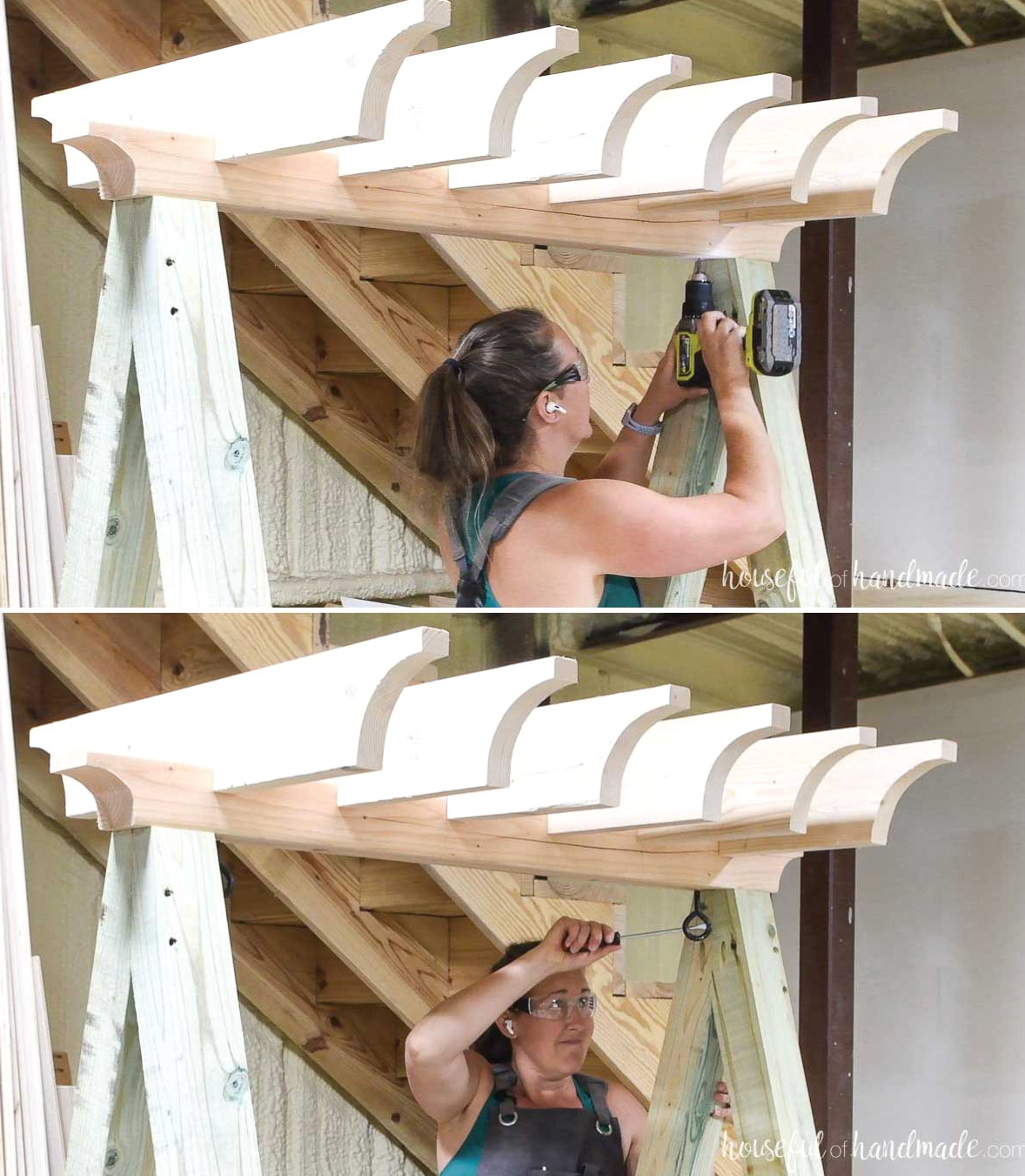 Driving the heavy-duty screw eye into the top board for hanging the hammock swing.