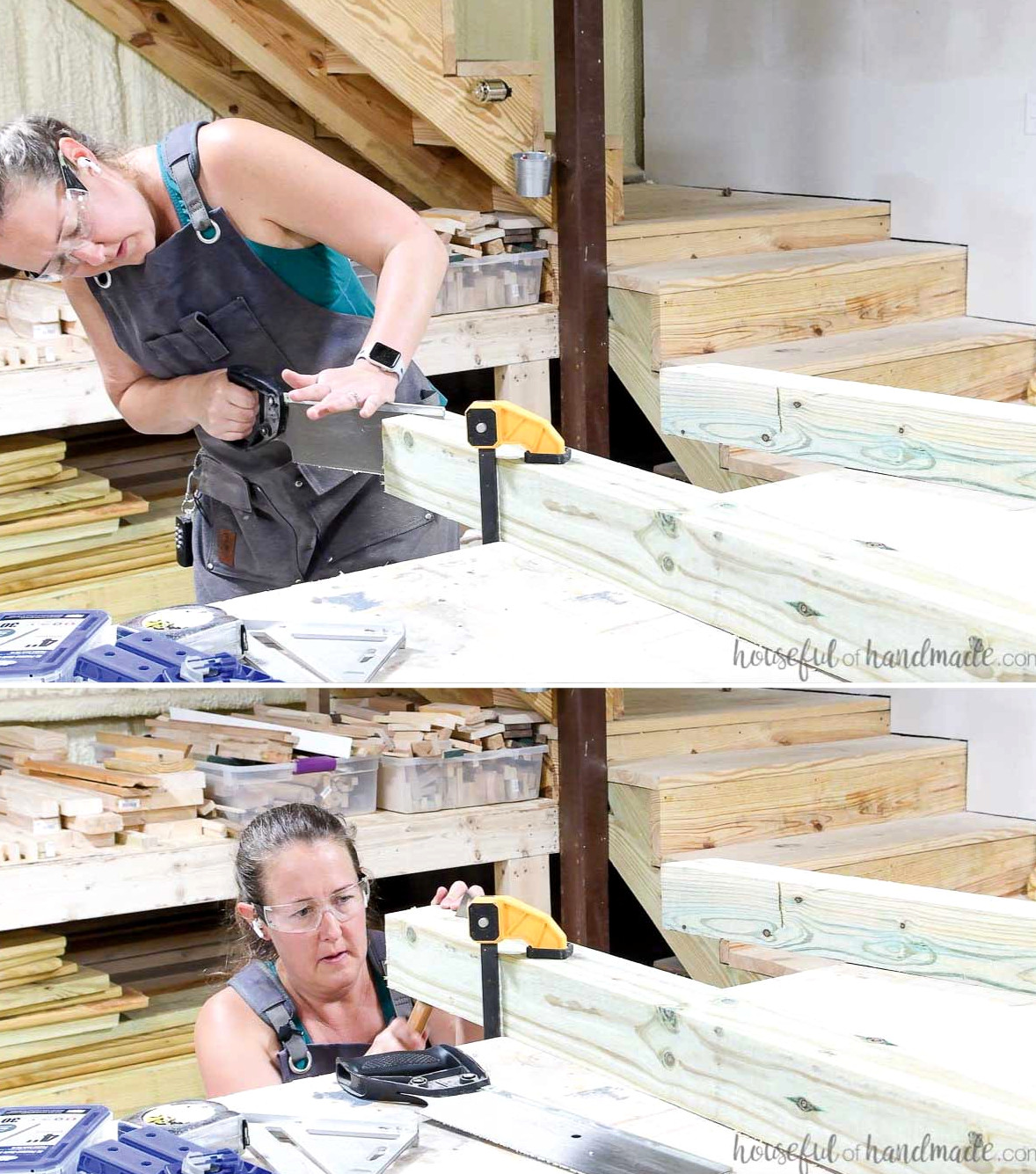 Trimming the angle at the top of the hammock chair stand legs with hand saws.