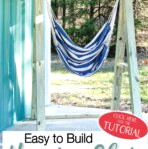 Simple-to-assemble hanging chair stand featuring a blue and white striped hammock chair attached to it.