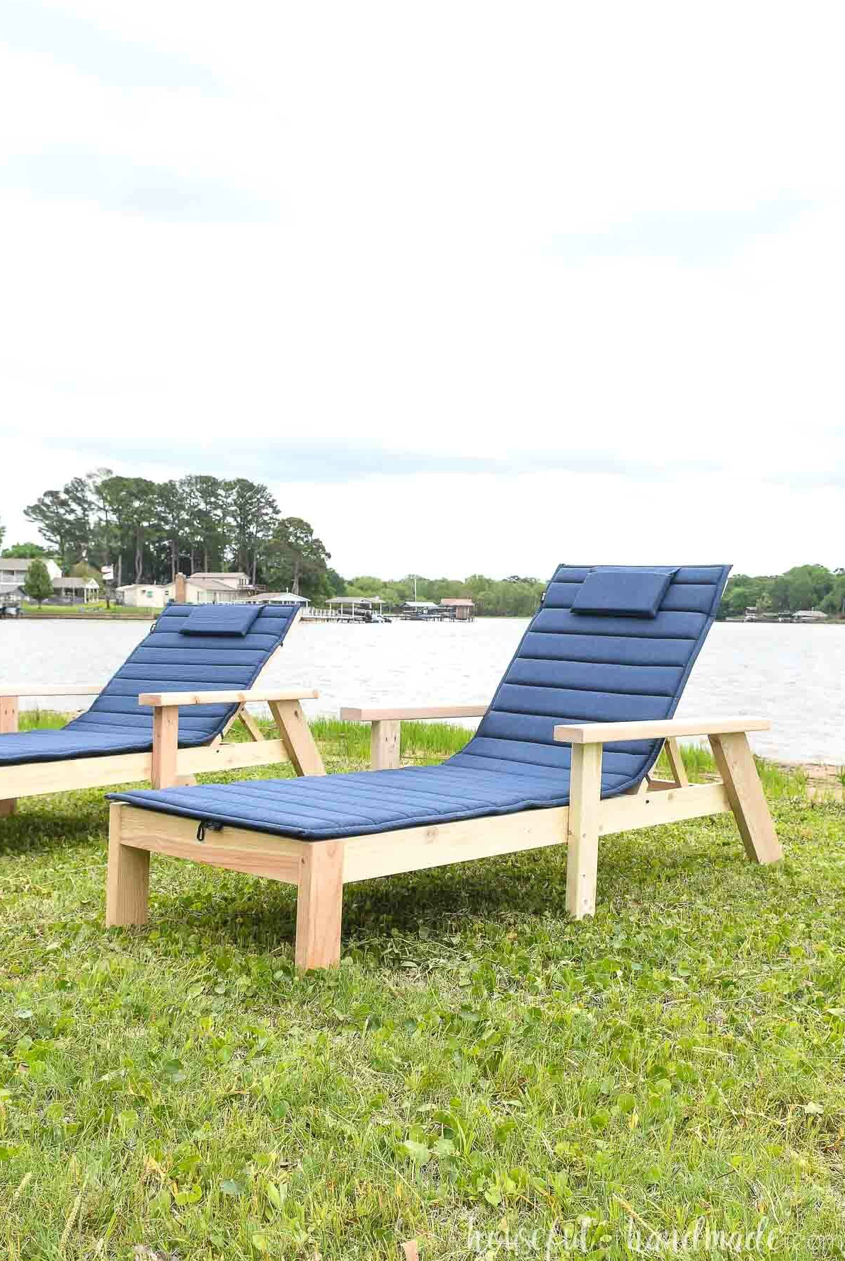 Side view of the DIY chaise lounge chairs on the grass with the back in an upright position.