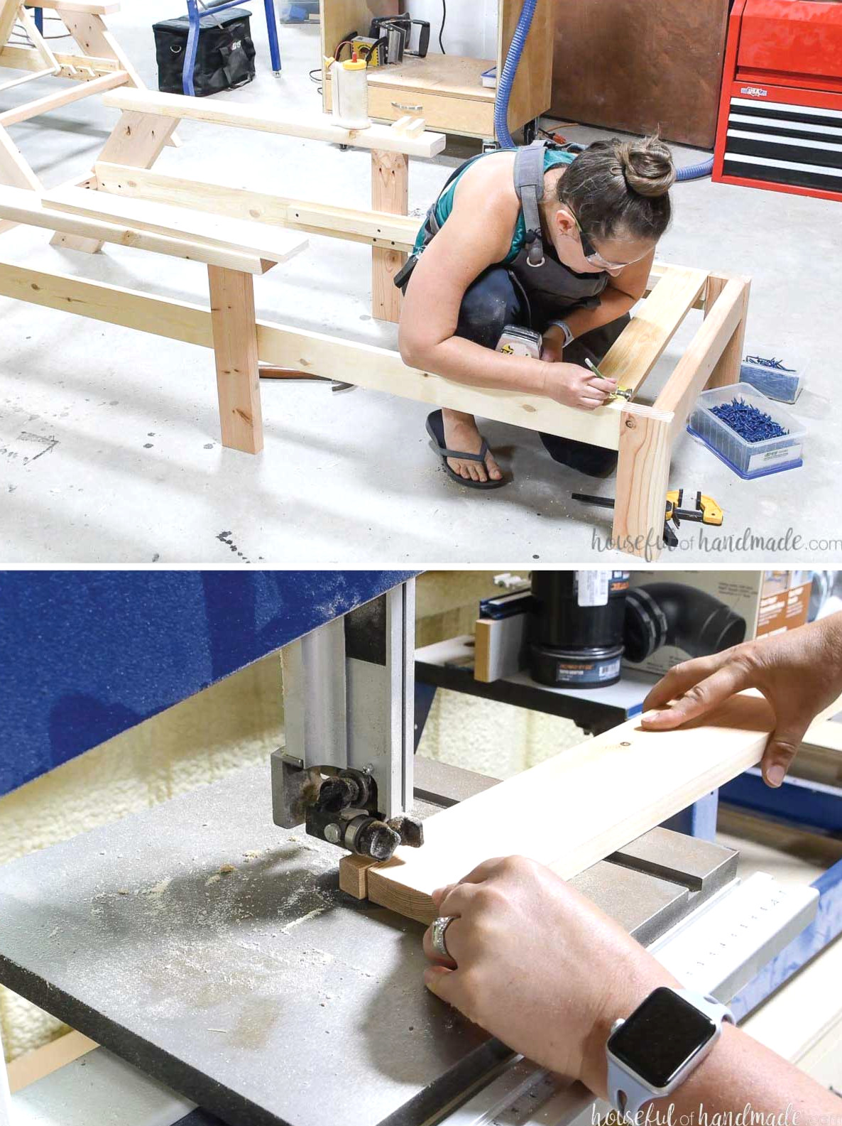 Measuring and cutting notches in the first seat slat to clear the front legs.