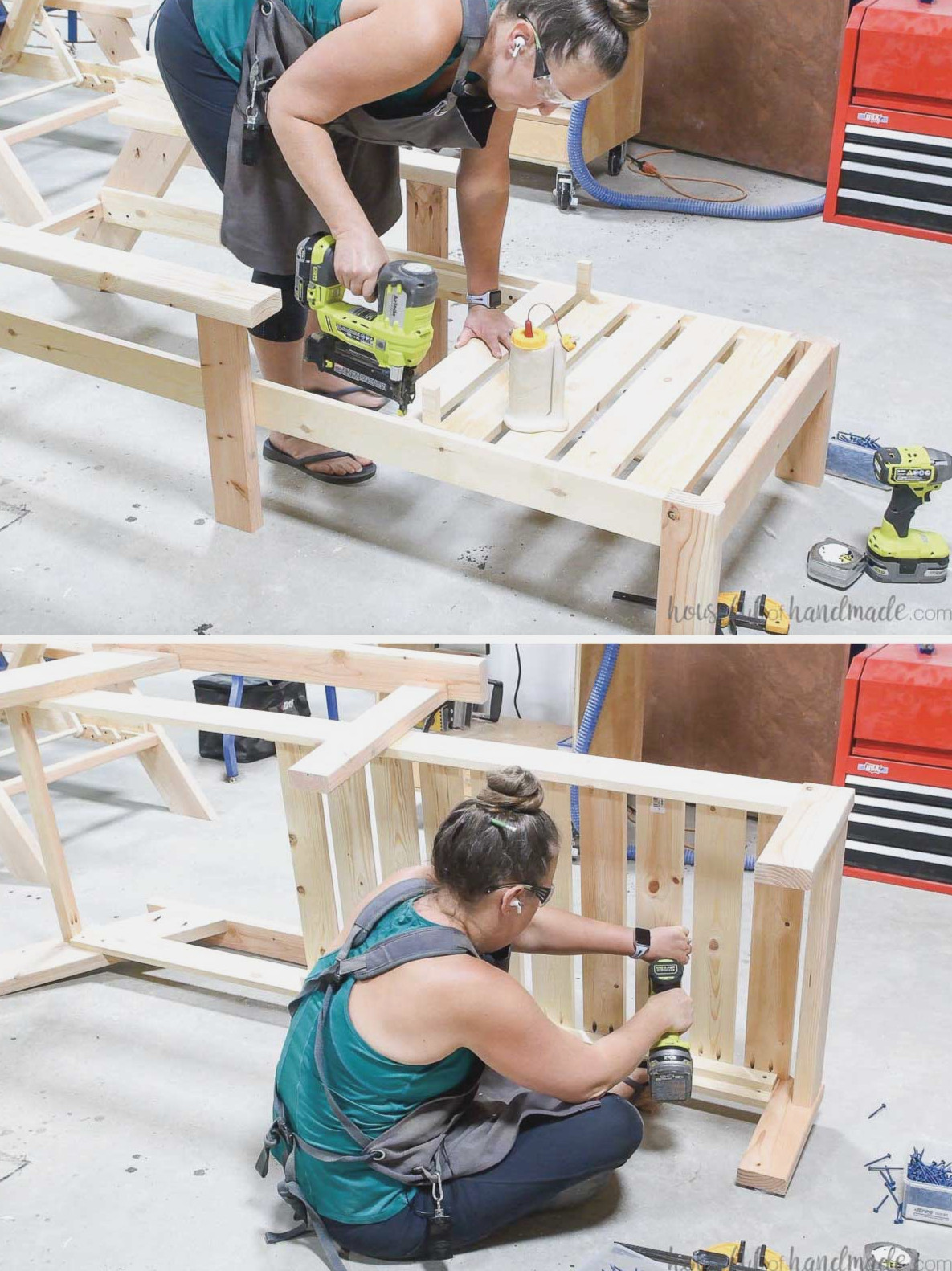 Fastening the seat slats to the lounger with a nail gun and pocket hole screws.