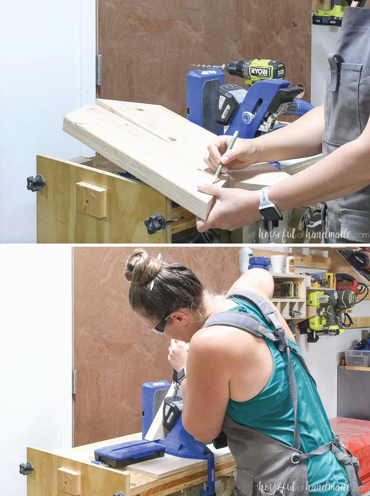 Creating pocket holes in the angled boards for the chaise lounge legs.