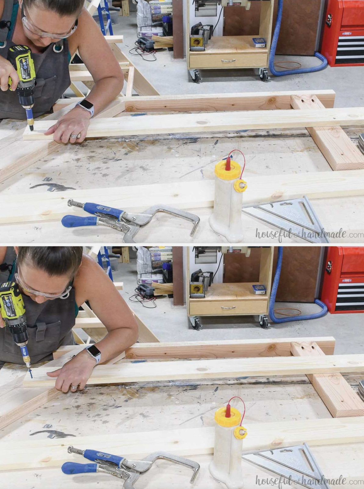 Fastening the 1x4 rails to the leg pieces.