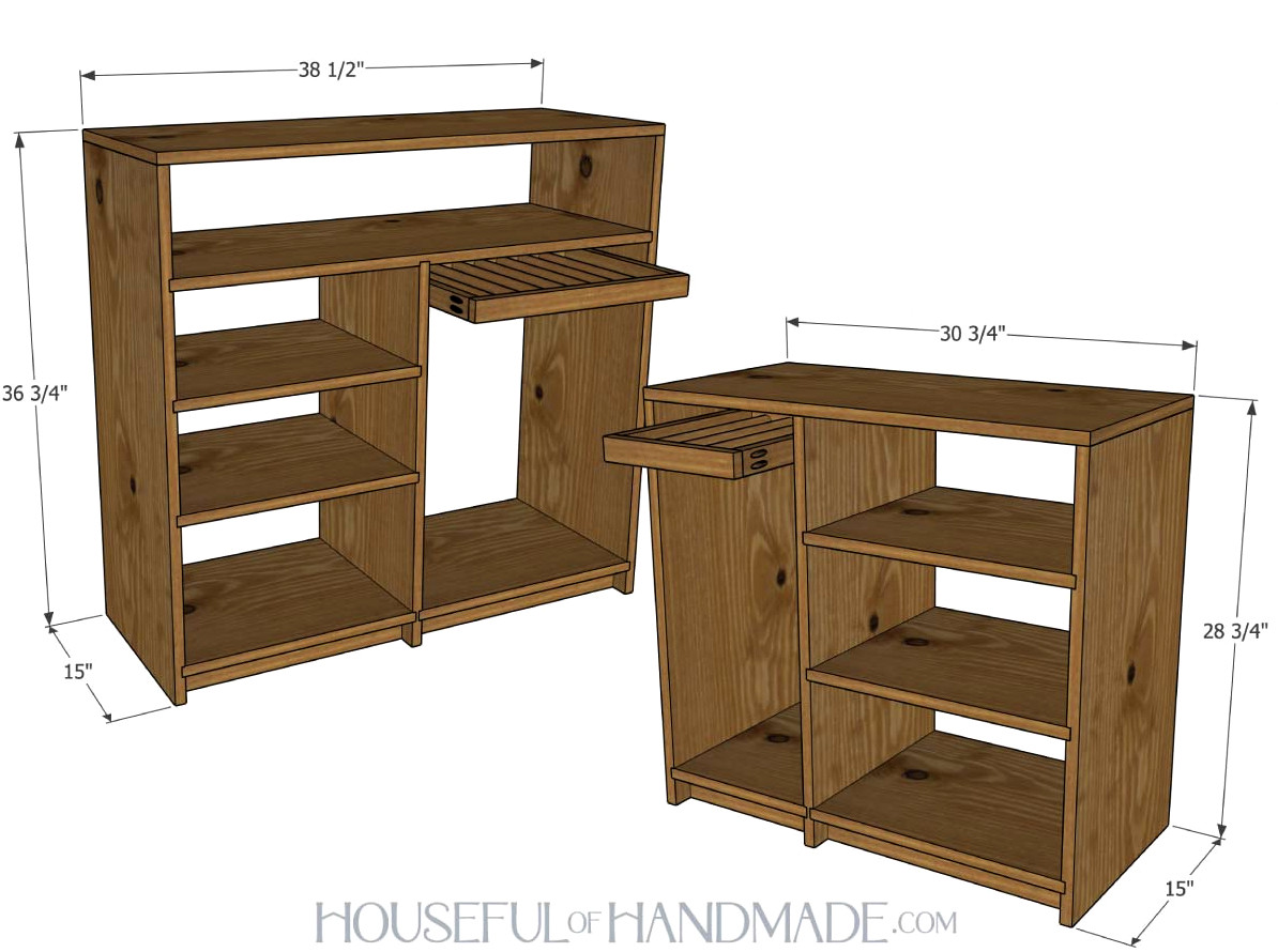 3D drawings of the two closet organizers with their measurements displayed. 