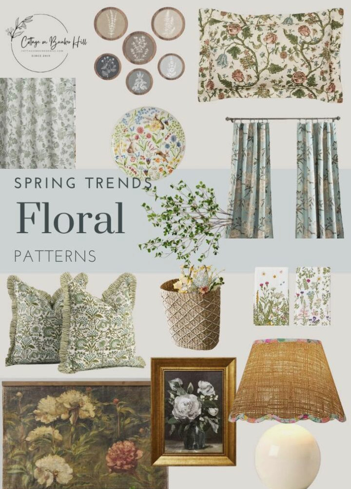 spring trends collage graphic with floral patterned accent items including pillows and curtains.