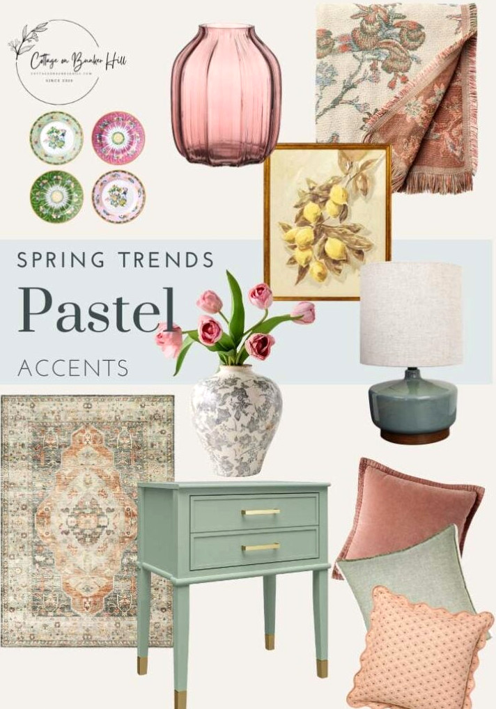 spring trend collage with pasten home decor accent pieces.
