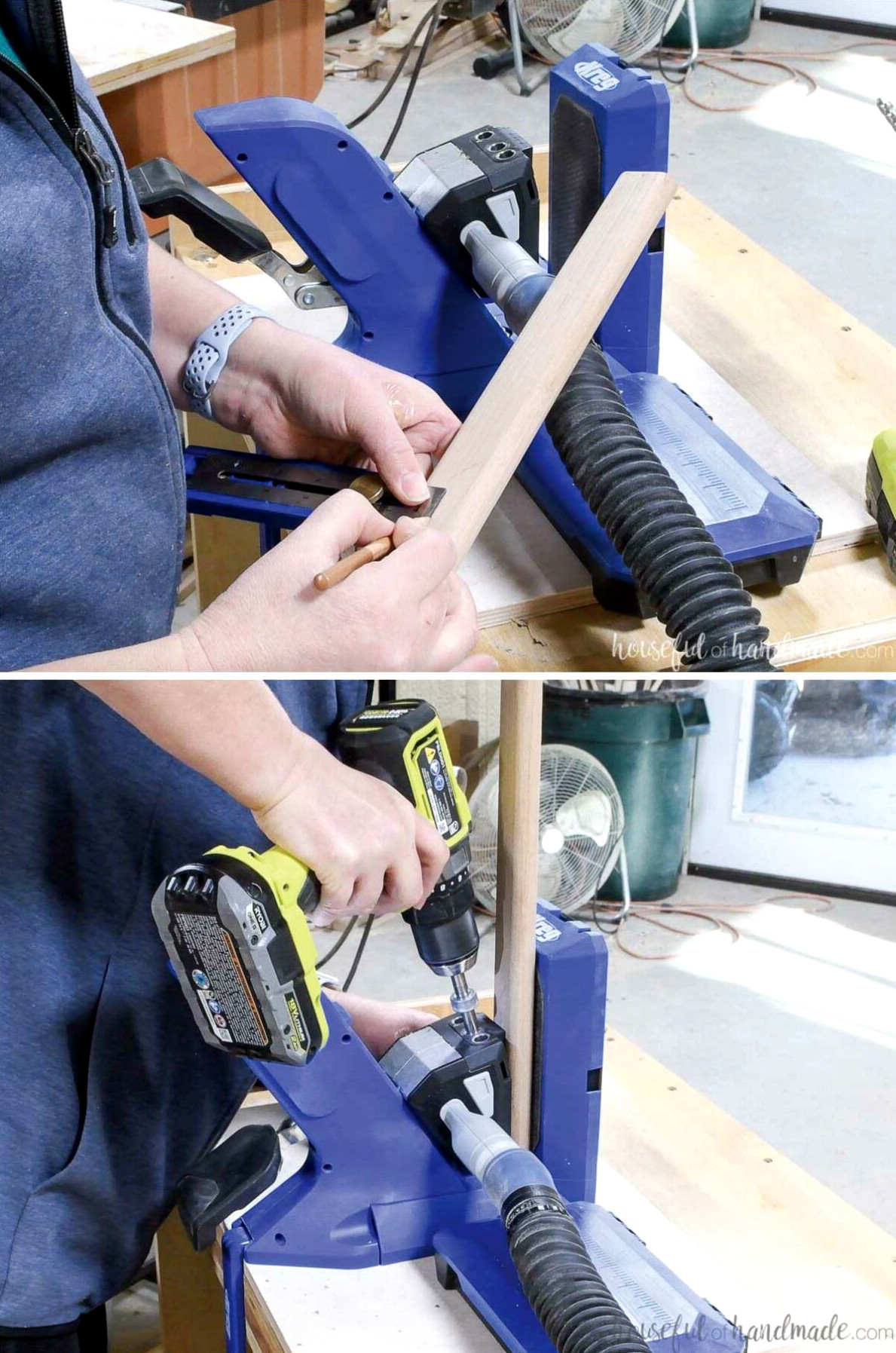 Finding the center of a 1x2 board and drilling pocket holes with a Kreg pocket hole jig 720 pro. 