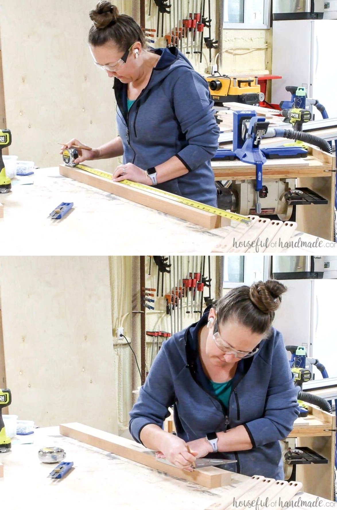 Measuring and marking the positions where the ladder rungs will be attached to the ladder sides. 