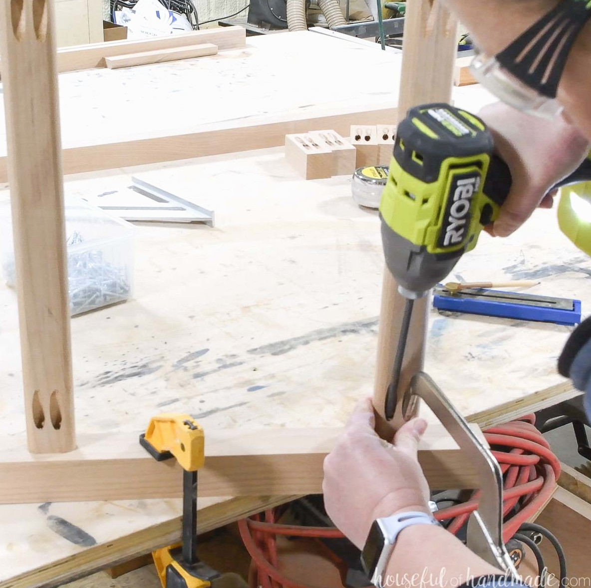 Fastening the 1x2 rungs to the side of the blanket ladder. 