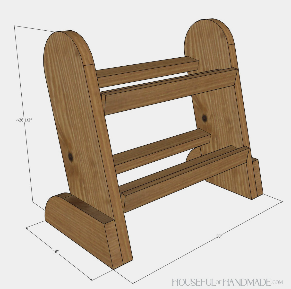 Three-dimensional weight rack drawing showing the listed measurements.