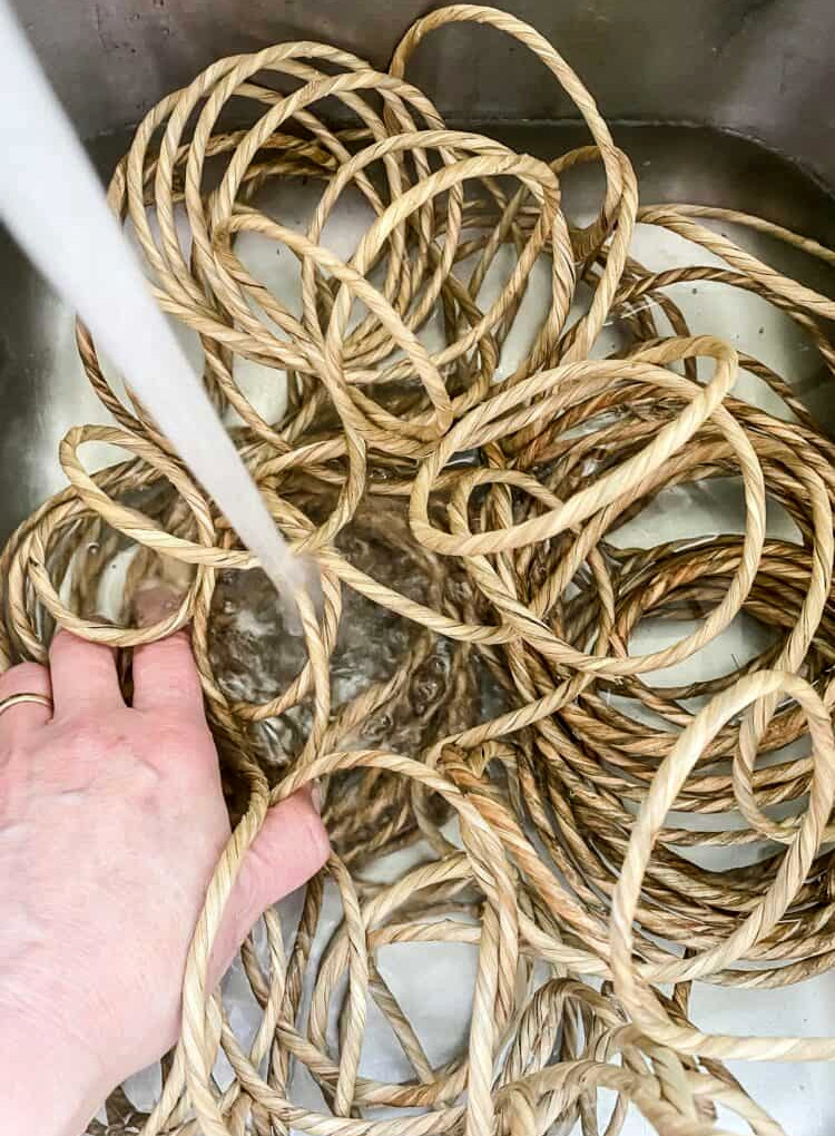soaking seagrass rush for a garden tower