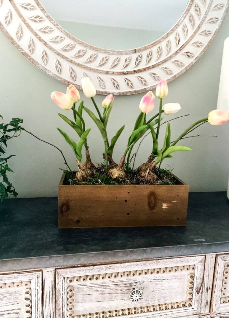 artificial Spring tulips in a planter box