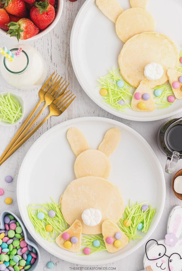 easter bunny pancakes on plates