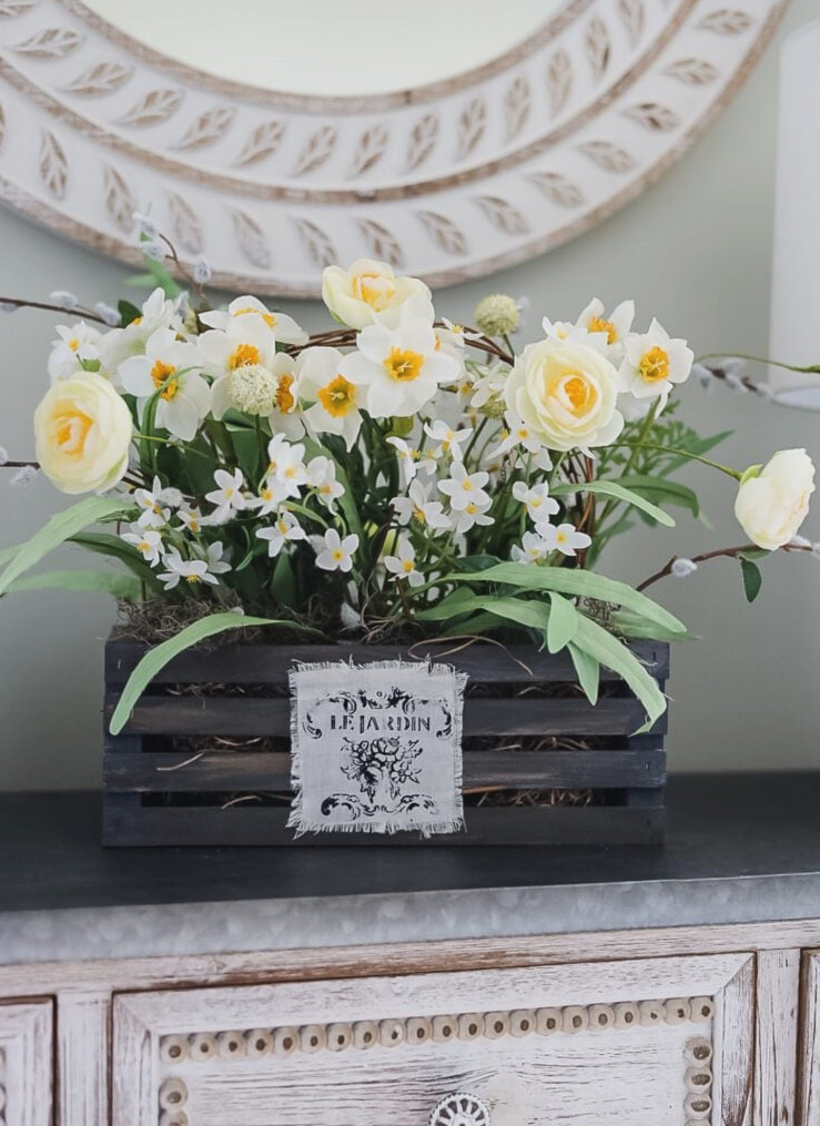 Spring flowers in a crate