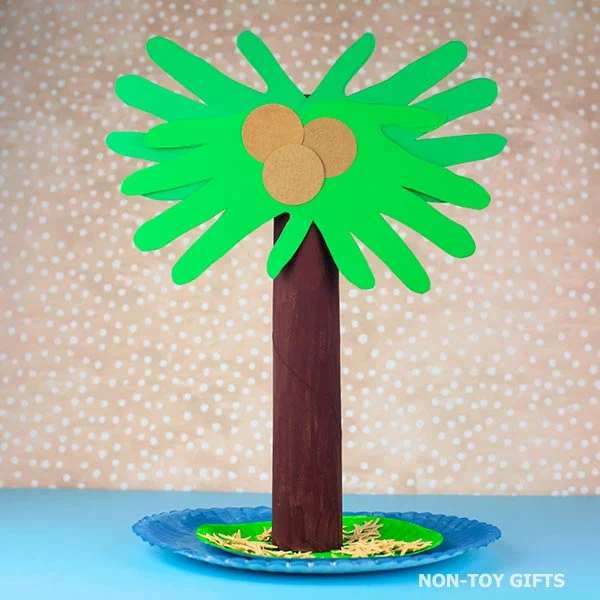 Handprint and paper plate palm tree craft for kids