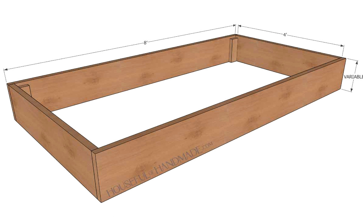 3D drawing of the simple DIY raised garden bed with measurements. 