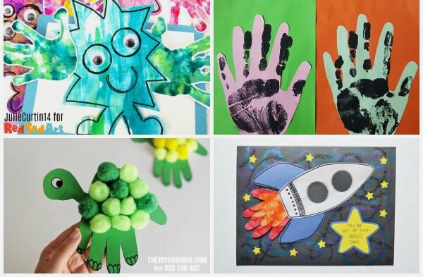 How they grow! Collage of handprint crafts for preschoolers to make for Dad