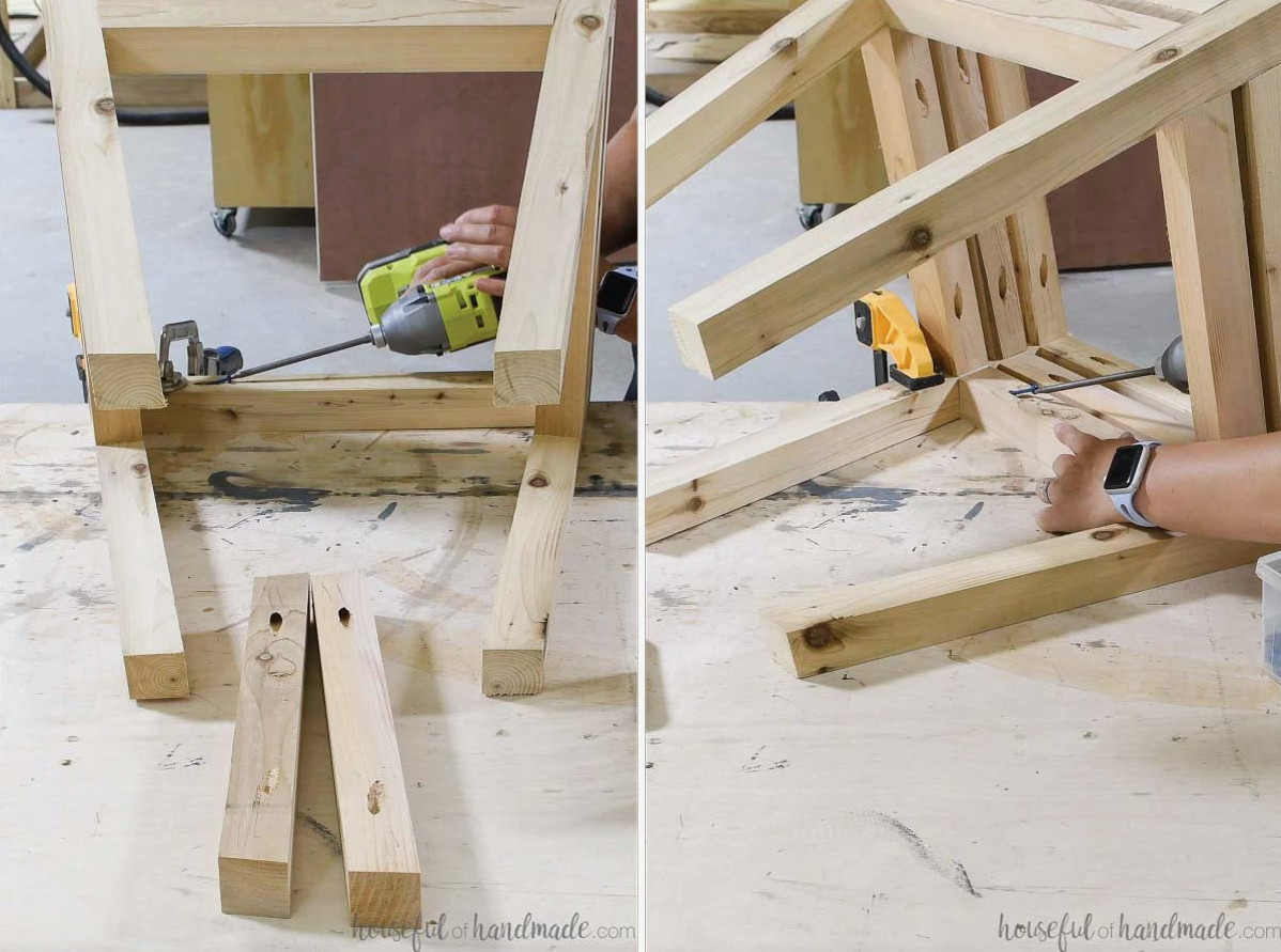 Attaching the two assembled side pieces together.