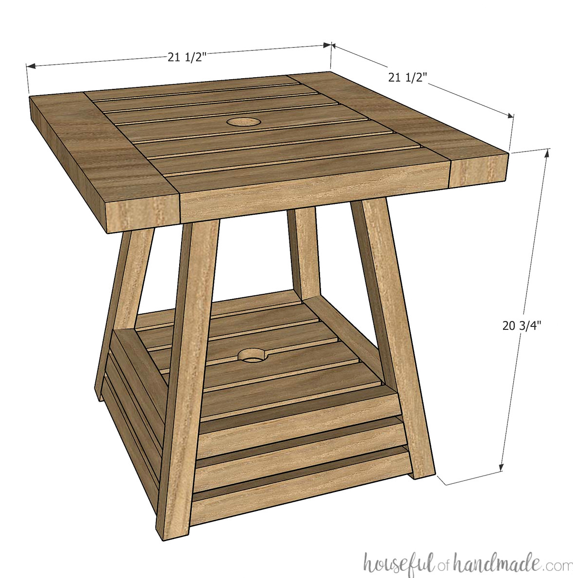 3d sketch of umbrella side table with measurements on it.