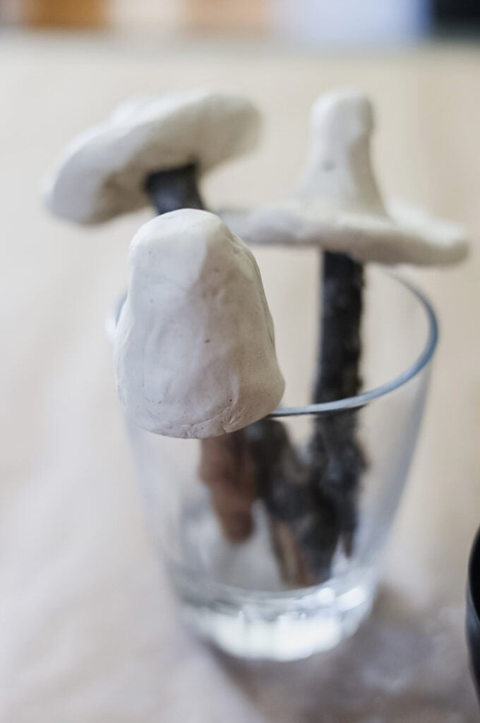 clay mushrooms drying inside a glass