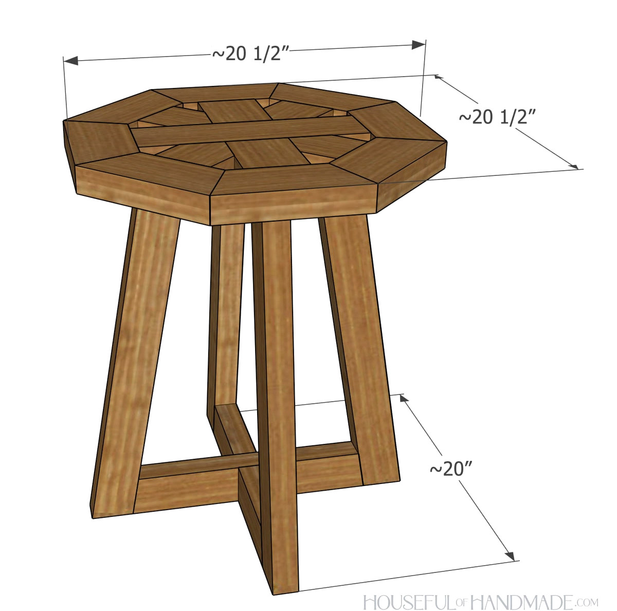 Three-dimensional drawing of the octagonal side table with labeled measurements. 