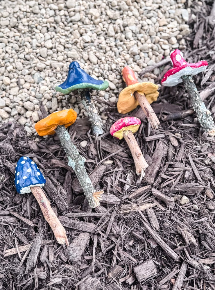 bright clay mushrooms in a fairy garden