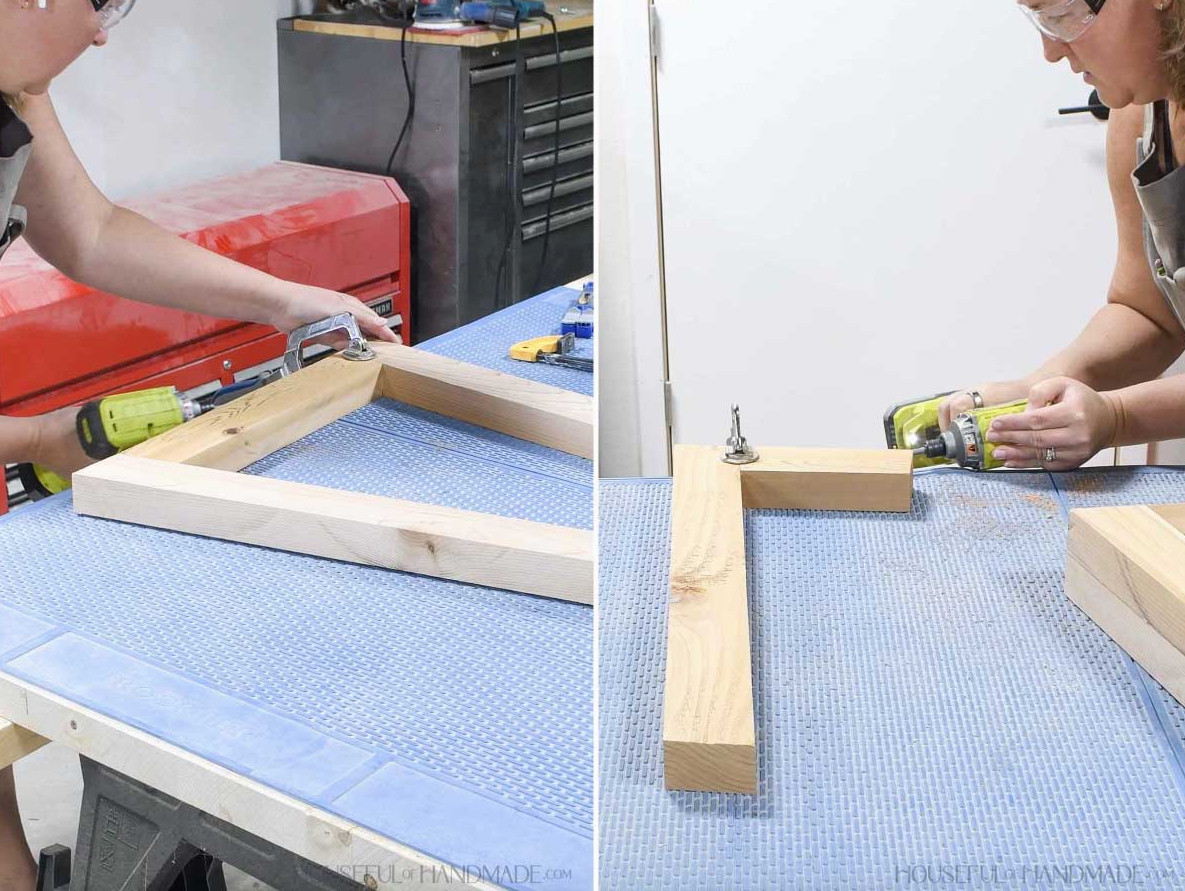 Attaching the bottom pieces to the legs. 