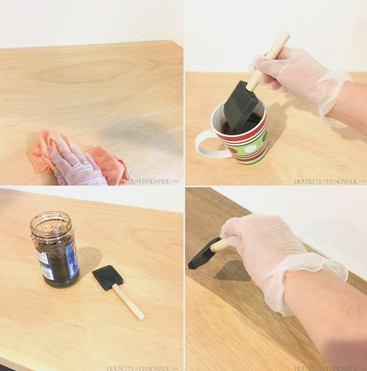 Wood desk top being stained with tea and steel wool stain using a foam brush.