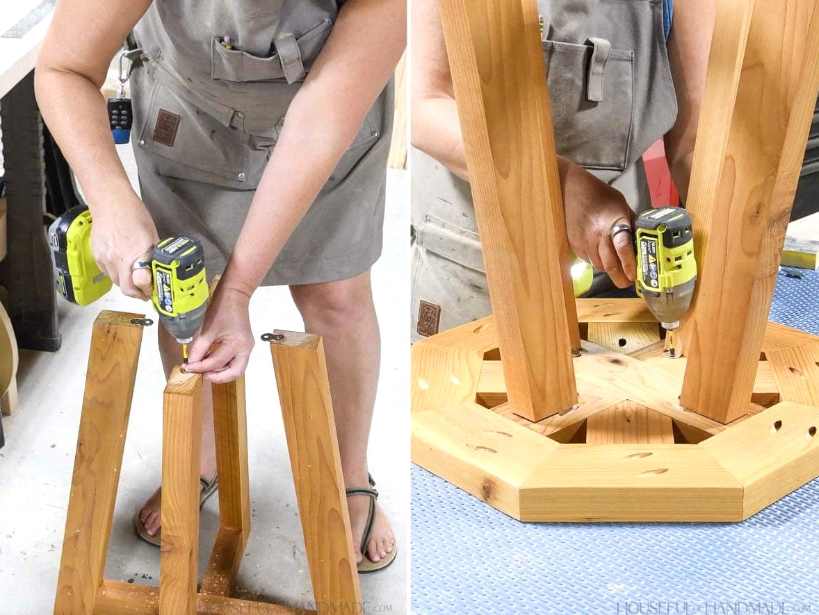 Securing figure 8 fasteners to the legs and then attaching the legs to the table top. 