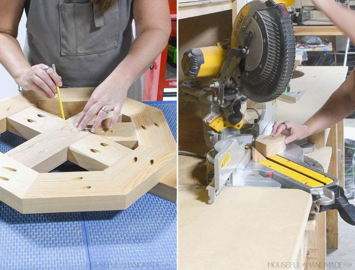 Tracing and cutting the diagonal pieces for the octagon table top. 