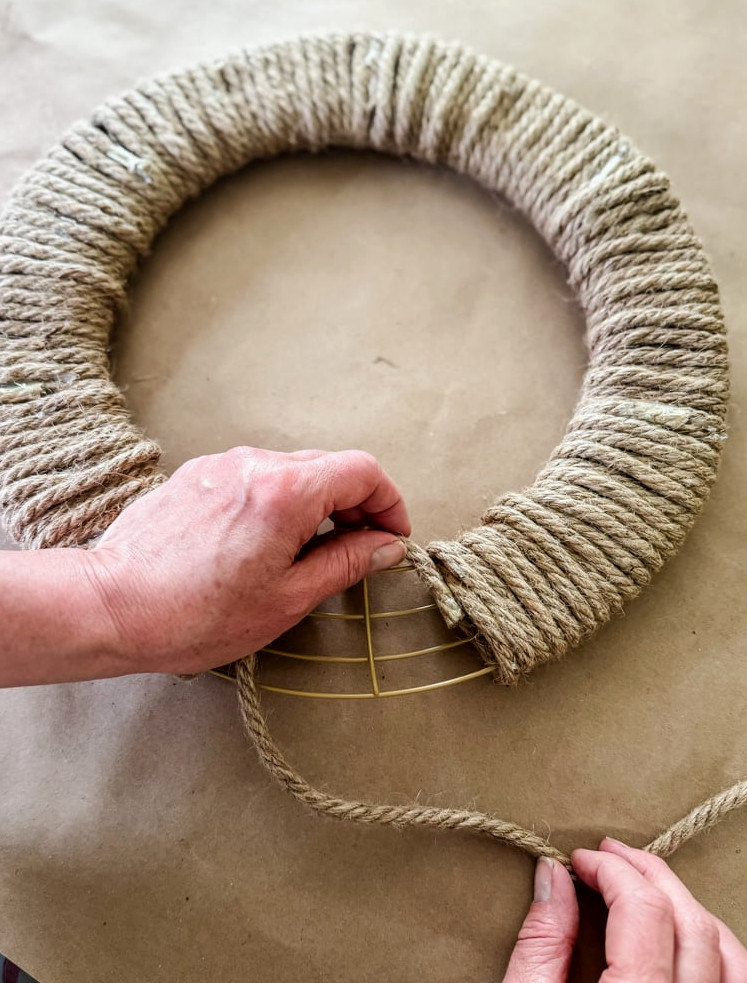 wrapping rope around wreath