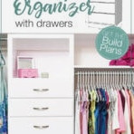 3D picture of DIY closet organizer and picture of it completed and installed in closet.