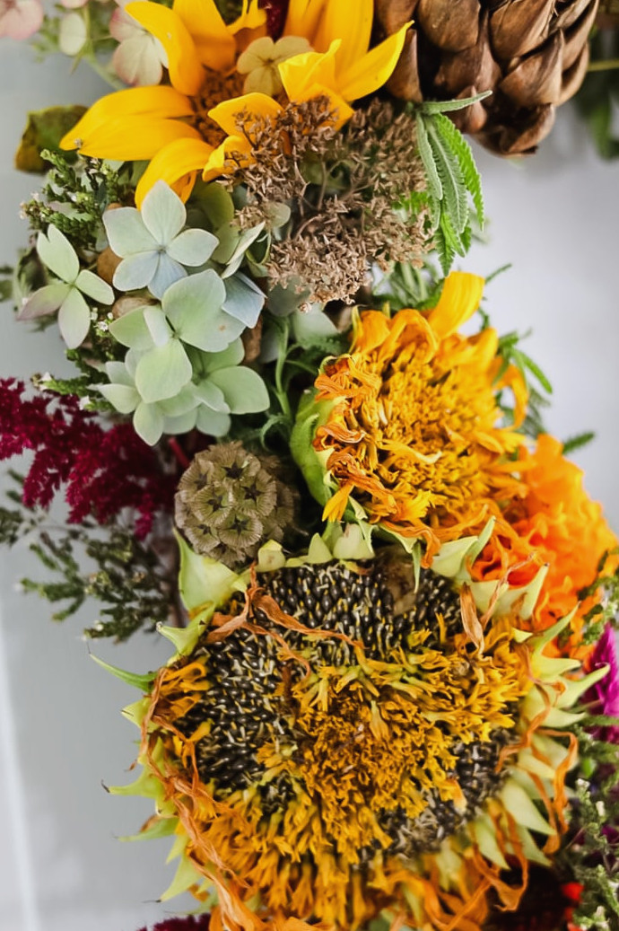 closeup of a wreath made of fresh flowers from the garden