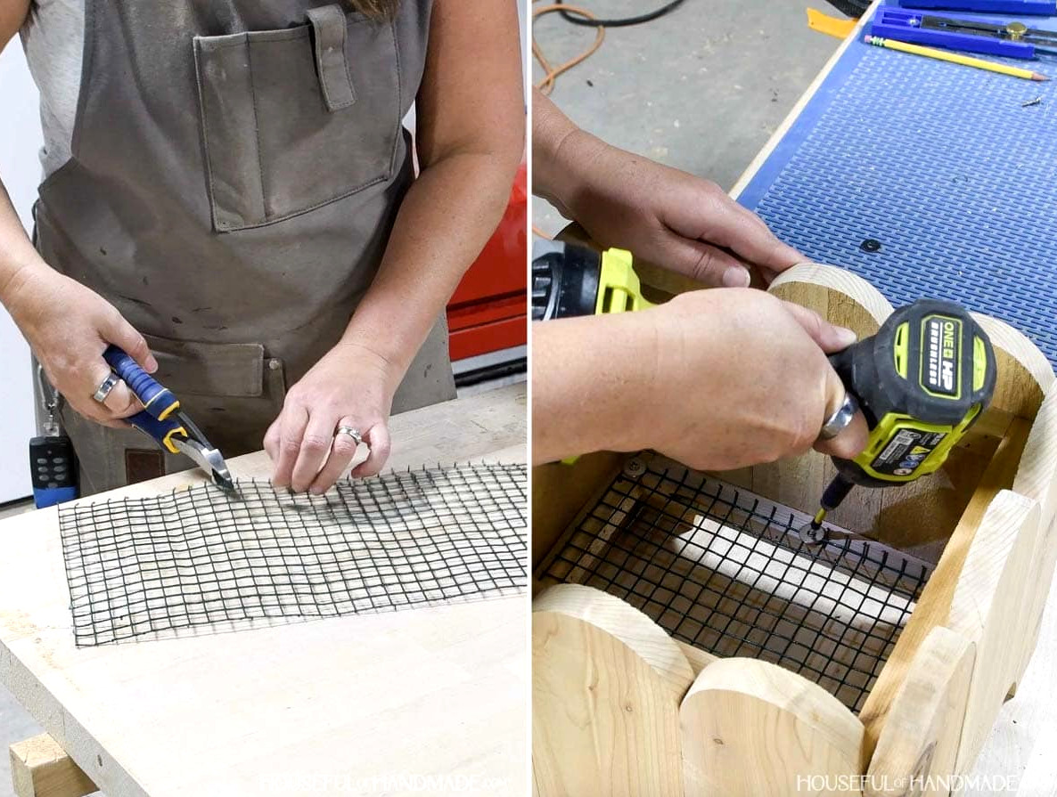 Using pliers to cut hardware cloth and securing it inside the planter box base.