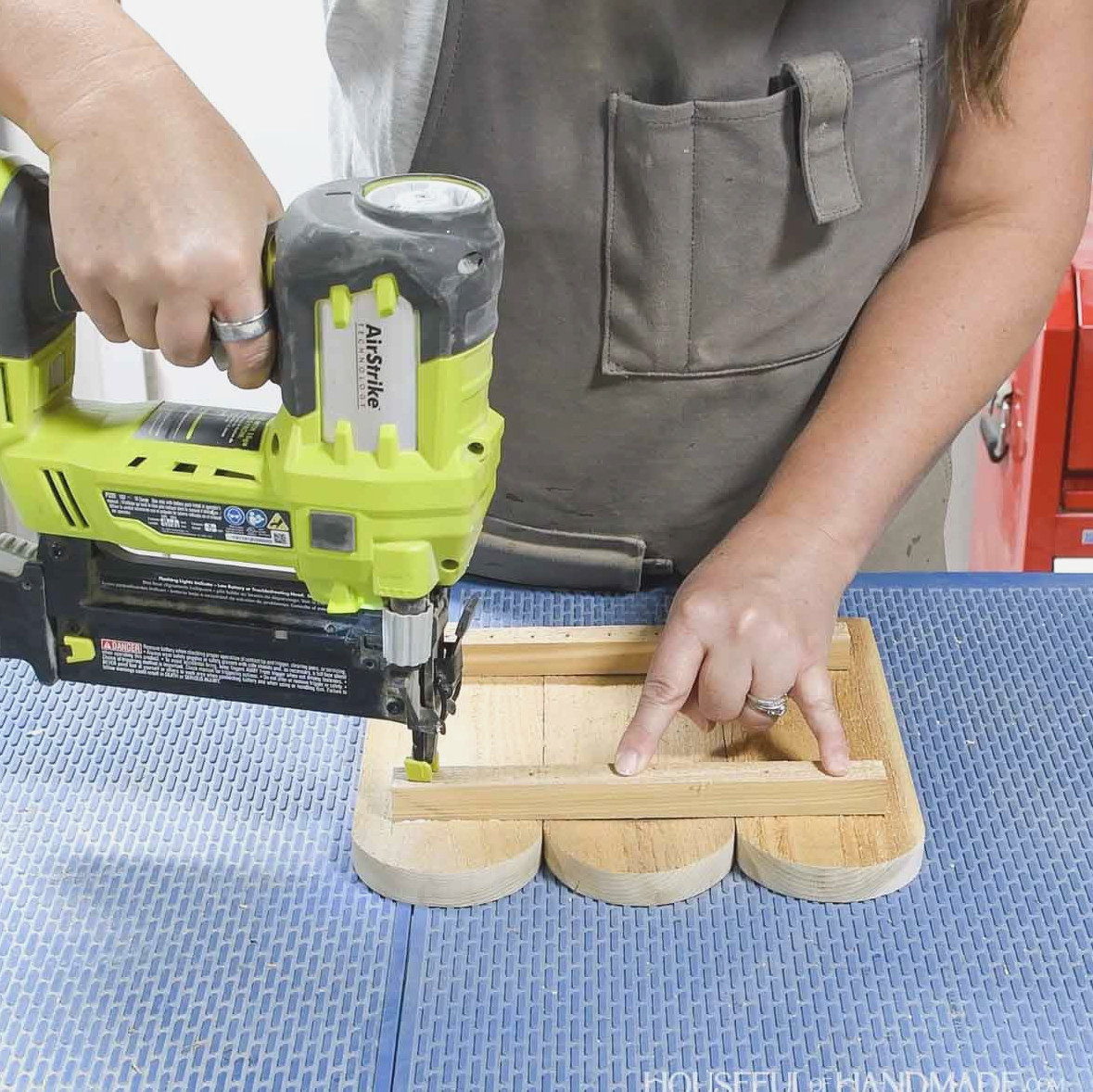 Assembling the side pieces with brad nails.