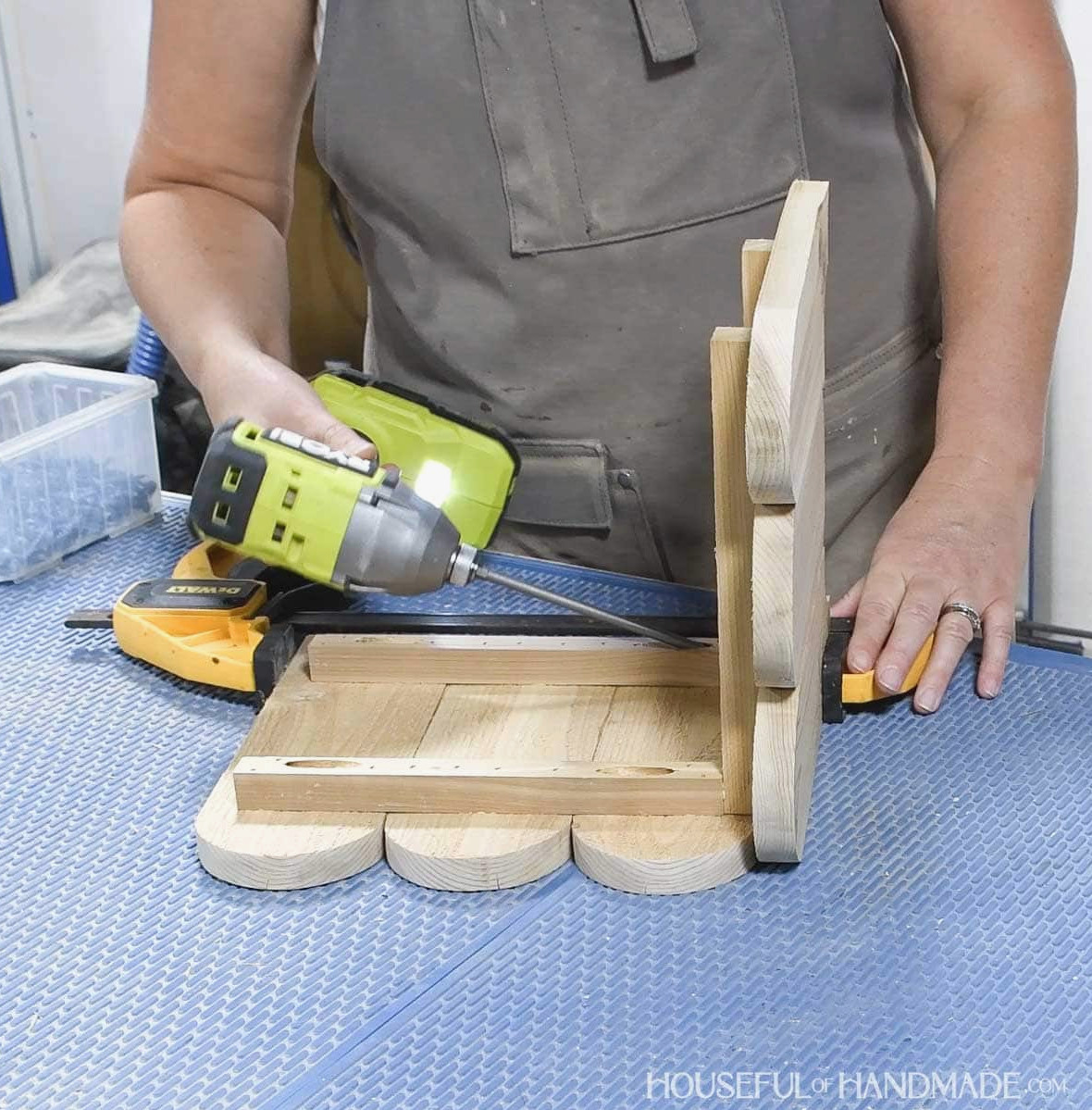 Attaching two side pieces together with pocket hole screws.