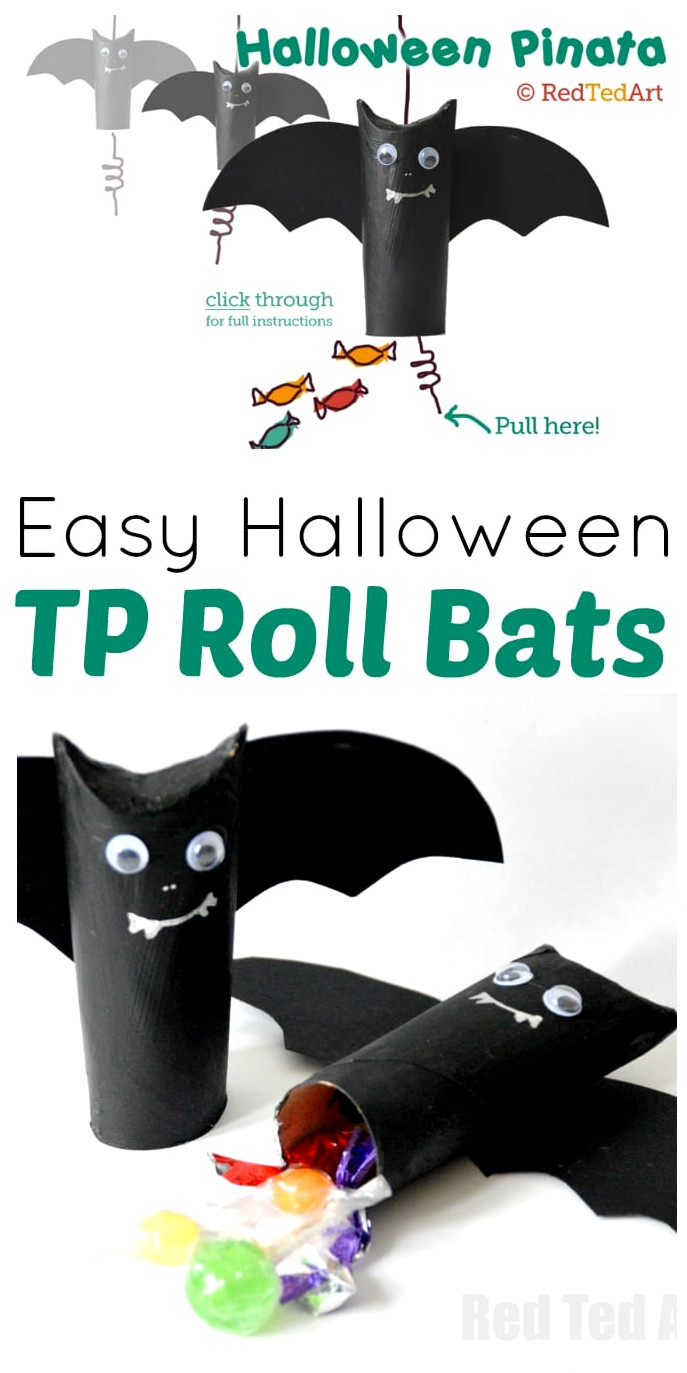Halloween Craft: Simple Pinata / Goodie Bag. An easy and entertaining TP Roll Bat. These Toilet Paper Roll Bats, can become treat bags or simple Mini Pinatas. So adorable and enjoyable! Love!