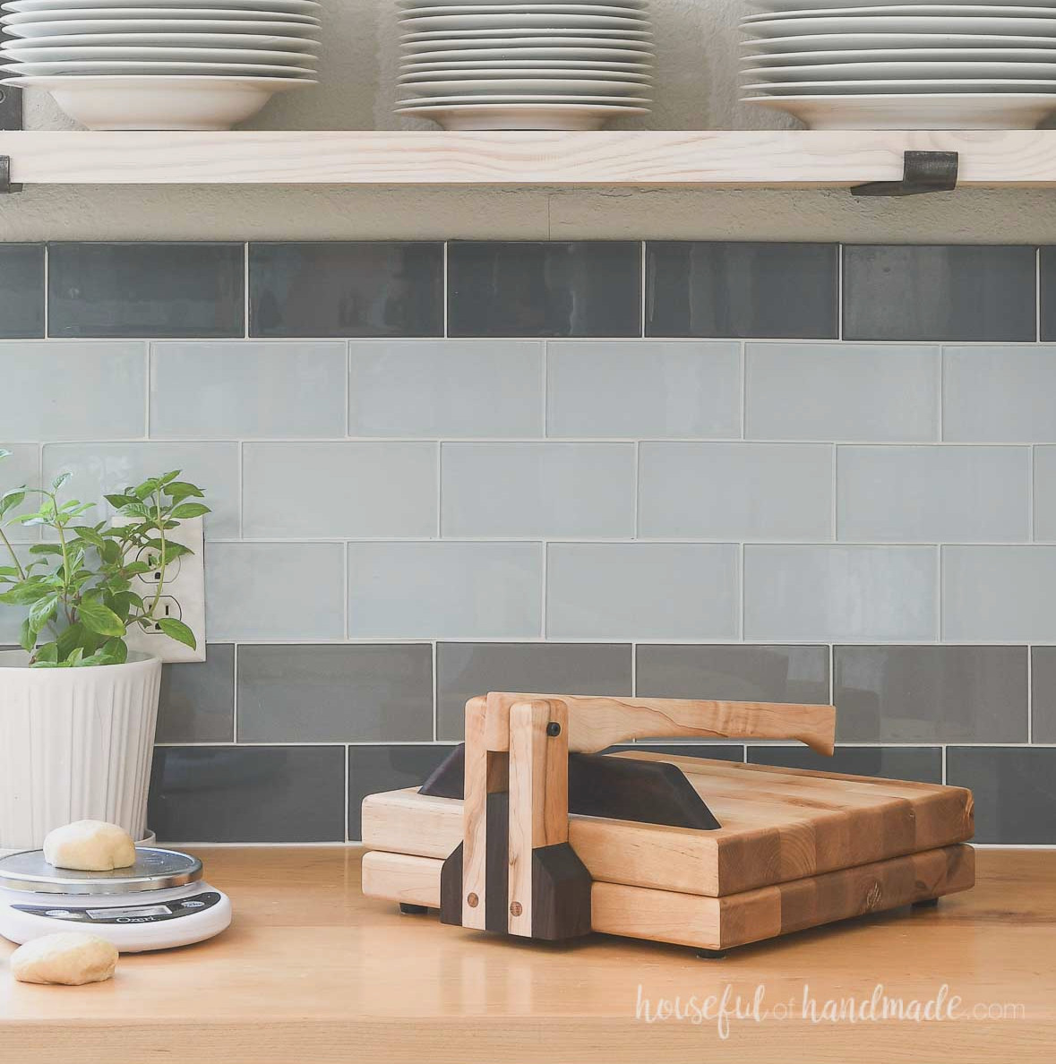 DIY tortilla press with maple and walnut layered wood and butcher block.