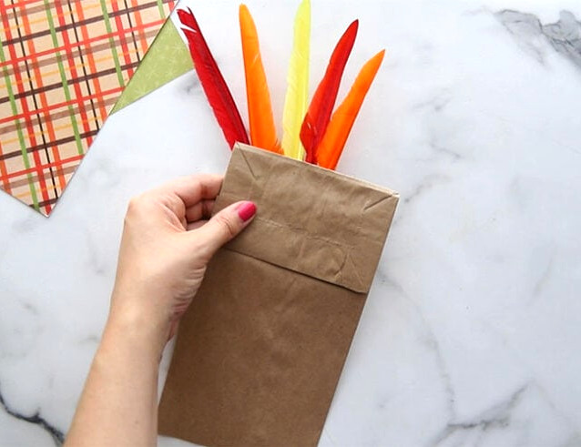 Attach feathers to the back of the bag