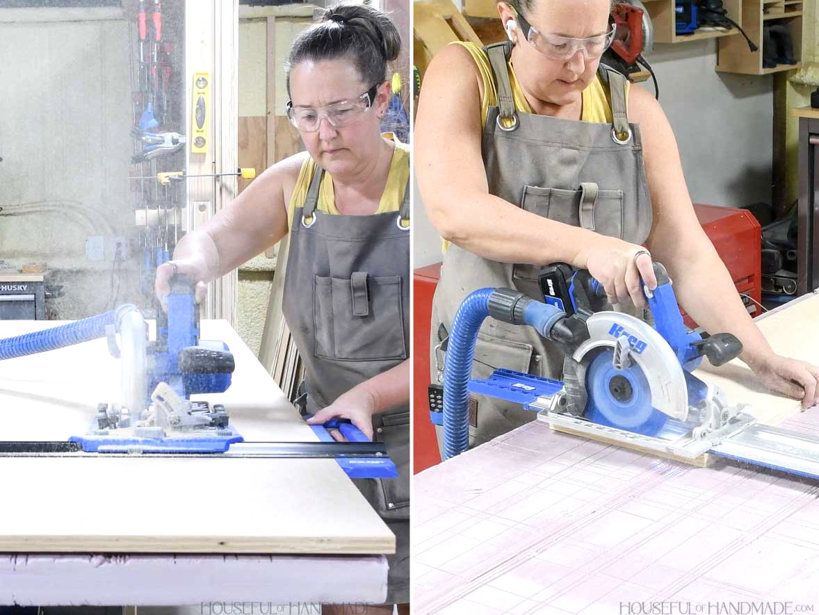 Cutting plywood with a circular saw and Kreg Tools cutting guides. 
