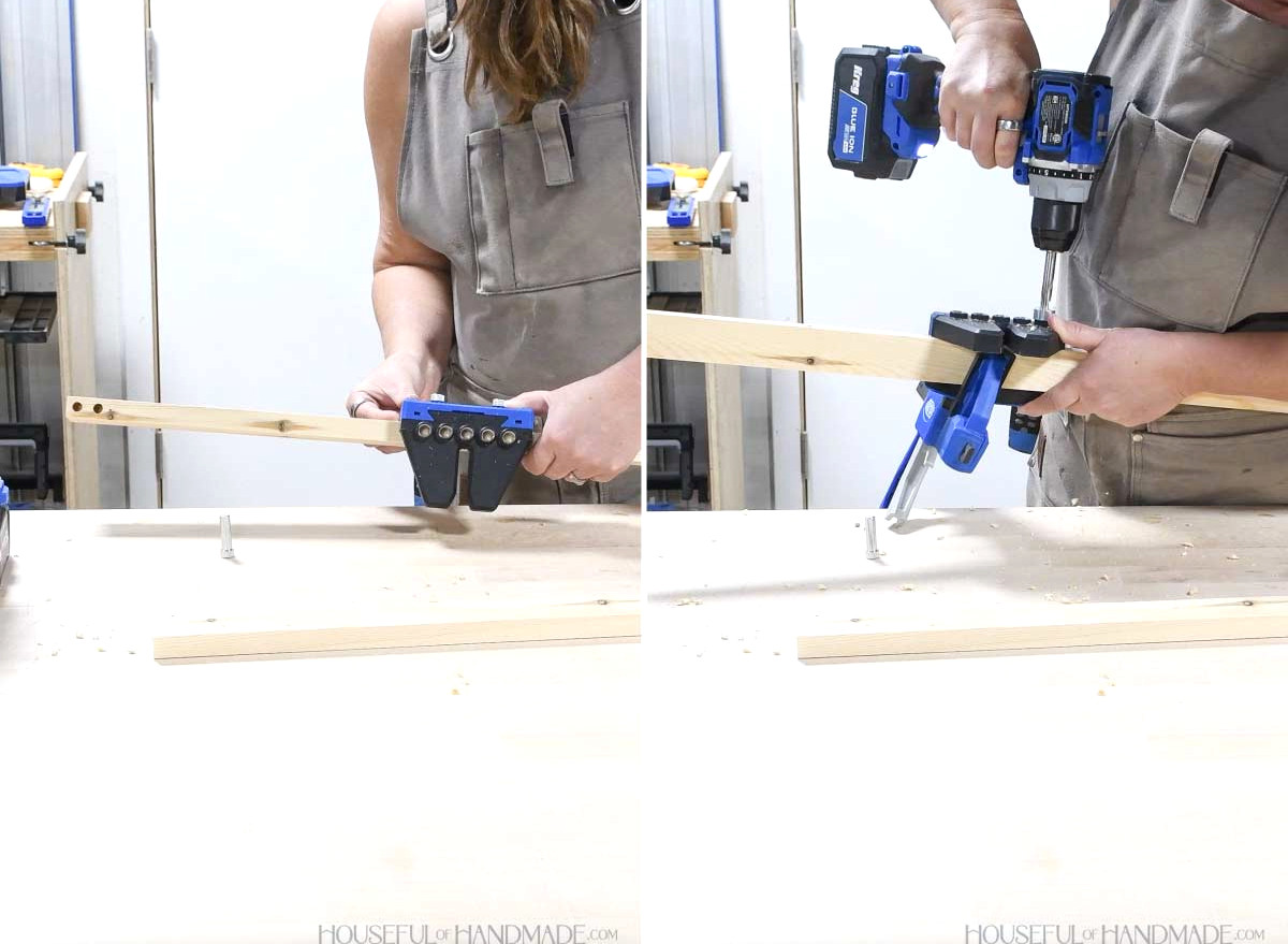 Making dowel pin holes along the sides of the face frame stiles. 
