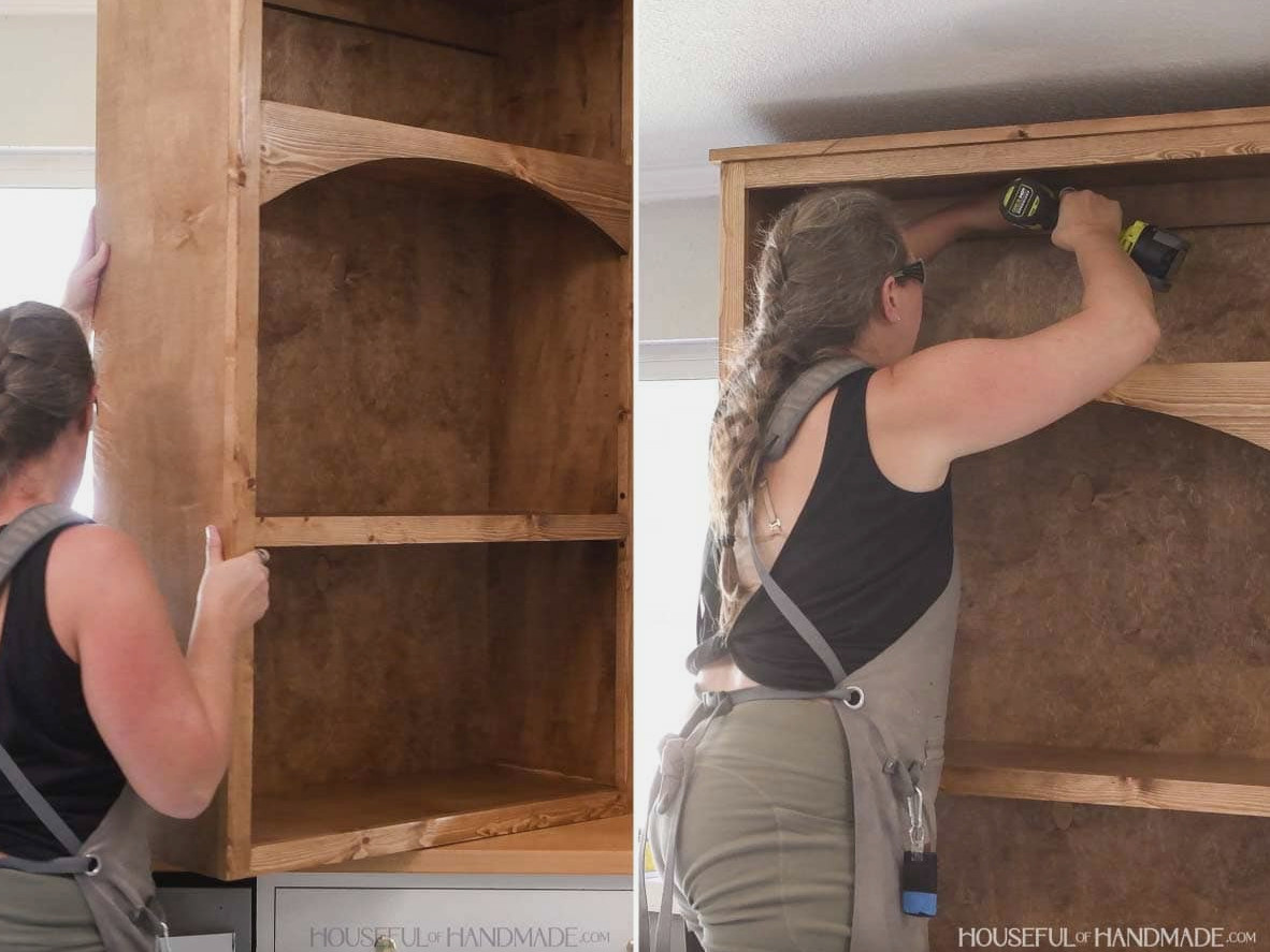 Setting the cabinet on the countertop and fastening it to the wall with screws. 